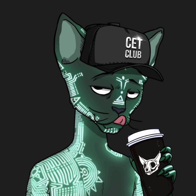 An anthropomorphic green cat with glowing circuit-like tattoos licks its lips while holding a black coffee cup featuring a white skull logo; it wears a black cap reading "CET CLUB," matching the cool, morning coffee energy of the "GM Everyone" greeting.