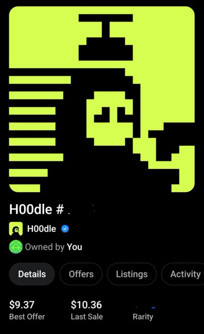 The image shows a digital NFT listing for "H00dle #" displayed on OpenSea, featuring a pixelated green artwork of a character with the H00dle collection name, marked as "Owned by You" with a Best Offer of $9.37 and Last Sale of $10.36. The caption celebrates finally acquiring the coveted H00dle NFT after being taunted by a friend's wins, thanking Modemolaa and rebecccaa01 for the inspiration to finally make the purchase.