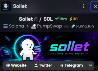 Token profile page for 'Sollet' (SOLLET/SOL) showing 18m and 30 metrics, routed through Solana to PumpSwap via Pump.fun, with a cartoon seal mascot and links to Website, Twitter, and Telegram.