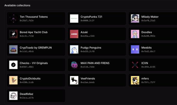 This image displays a list of 16 available NFT collections, including "Bored Ape Yacht Club" and "CryptoPunks 721" on the Ethereum Mainnet, relevant to the post about Fake World Assets purchases.