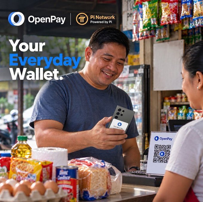 An advertisement for OpenPay and Pi Network featuring the text "Your Everyday Wallet." A smiling man uses a smartphone with an OpenPay sticker at a small shop counter displaying various groceries.