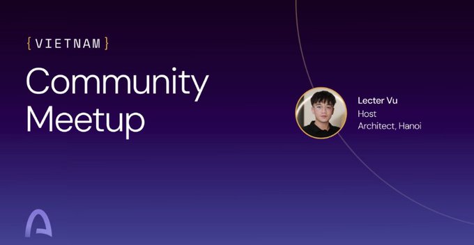 A purple gradient background displays text reading '{VIETNAM} Community Meetup' alongside a photo of 'Lecter Vu, Host, Architect, Hanoi'.