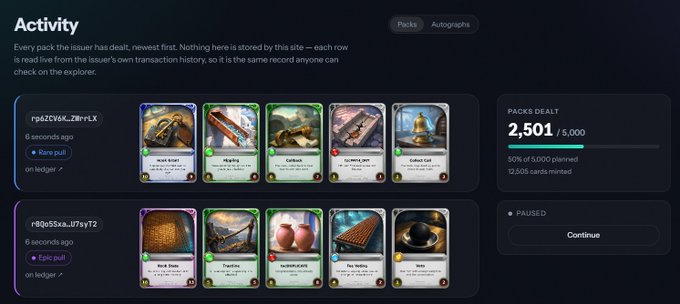A dark-themed digital dashboard displays a "Pack Deal" activity tracker showing 2,501 of 5,000 packs planned (50% minted), with two sample packs shown containing items like "Nock-trest," "Fibyling," "Spineback (5/12)," and "Wok," alongside their respective Ethereum addresses (rgaGZYe64...Z8nr1LX and n8jQd55x...U7yyT2) and pack type tags.