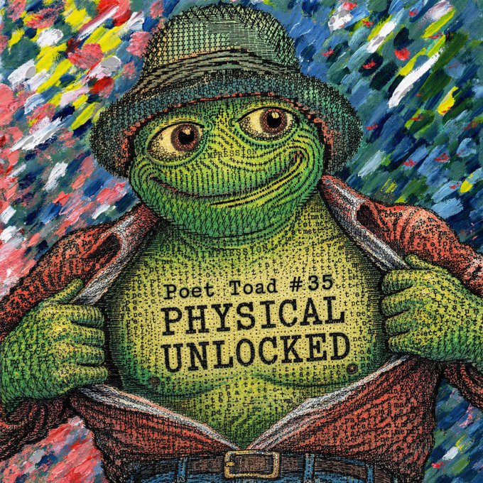 A colorful artistic illustration of Pepe the Frog dressed in a hat and red jacket, opening his shirt to reveal text on his chest that reads "Poet Toad #35 PHYSICAL UNLOCKED" against a vibrant painted background.