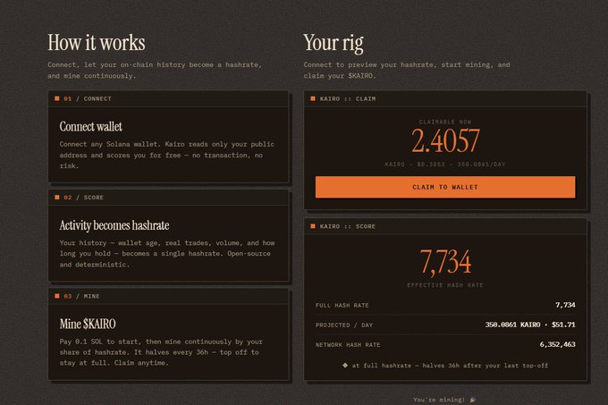 The image shows a dashboard on a website displaying information about various mining activities. There are two tabs on the webpage, one for wallet ages and another for scoring based on these factors. The website is described as focusing on 'active mining with 0.1 SOL fees', which could be related to the mining of Bitcoin or other virtual currency. The image also includes a caption that reads: "kairo.win/#dashboard Mining with 0.1 SOL fee Scoring based on wallet age, activity level, transaction volume, and holding period".