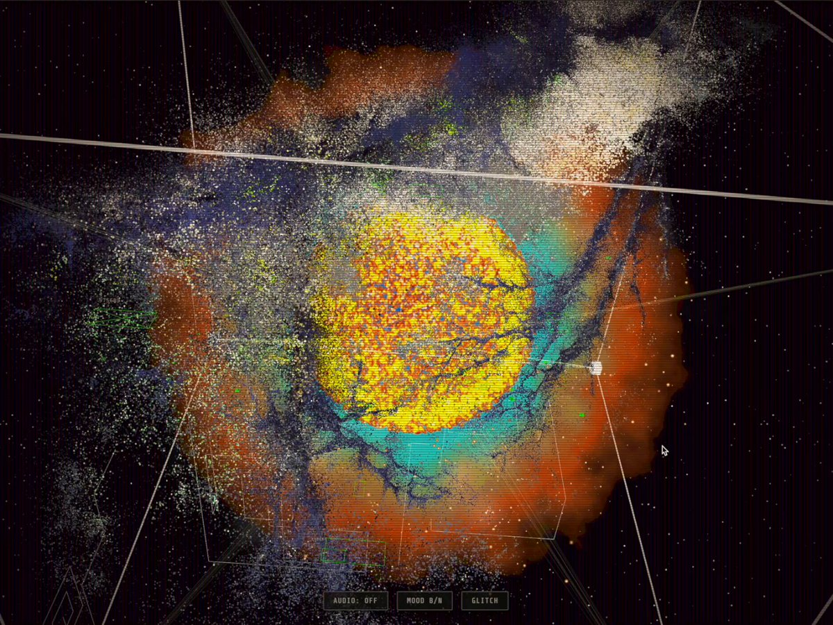 The image shows a large, colorful explosion with a yellow sun at its center, surrounded by various colors of particles scattered throughout the scene. The explosion appears to be a part of an interactive art piece or game that requires the viewer to hover their mouse over the matter for it to repel objects. This unique feature adds an element of interactivity and engagement to the artwork.