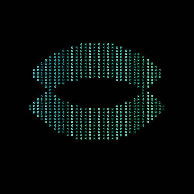 The image displays a brain-shaped ASCII art composed entirely of "GM" text in teal on a black background, visually representing the Go programming language code snippet where "gm" is repeatedly printed to form a brain shape based on a modular condition.