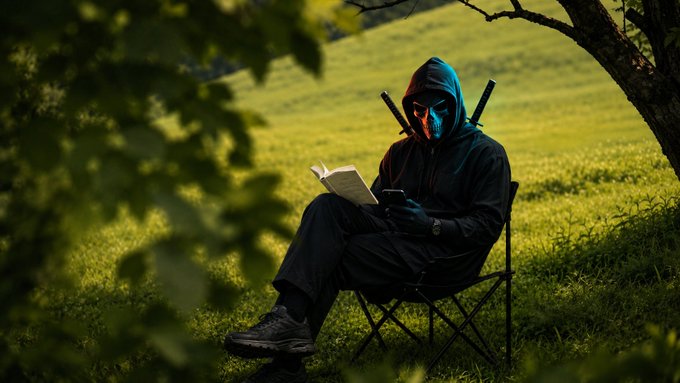 A hooded figure wearing a glowing mask and dark clothing sits on a folding chair in a green field, reading a book while two swords are strapped to their back.