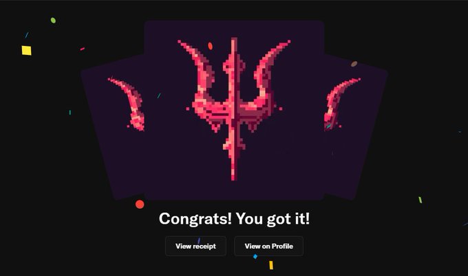 A dark digital illustration of a symmetrical pixel-art creature with pink/red antlers, with white text below reading 'Congrats! You got it!' and two buttons labeled 'View receipt' and 'View on Profile'.