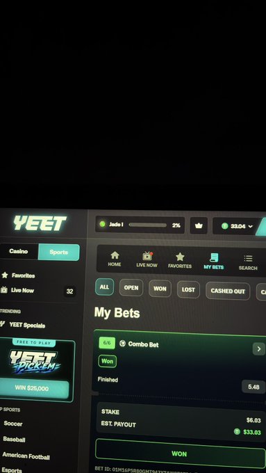 A screenshot of the Yeet betting app showing a won combo bet of $5.48 with an estimated payout of $33.03 on a user account named 'Jade i'.