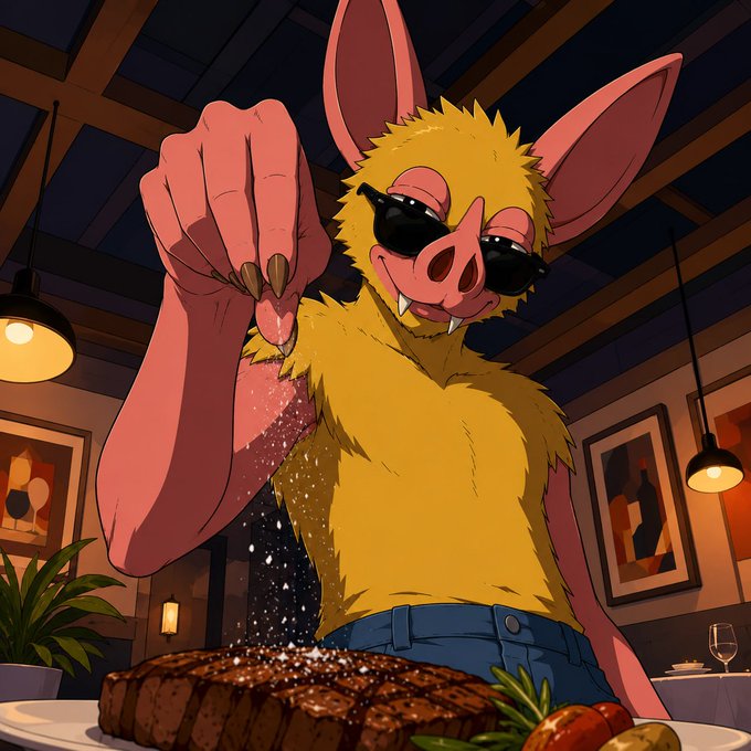 A furry, fanged humanoid creature wearing sunglasses sprinkles seasoning onto a steak in a dimly lit dining room, leaning in with a confident smirk that matches the "hoodrat is cooking" vibe.