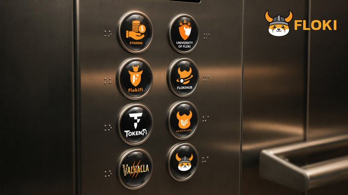 A sleek metal elevator panel features eight round buttons for the FLOKI ecosystem, each labeled with services like Staking, University of Floki, FlokiFi, FlokiHub, TOKENFi, Valhalla, and others, alongside the FLOKI logo. The "What floor, sir?" post plays on the image, as each button represents a different floor or venture in the Floki crypto project.