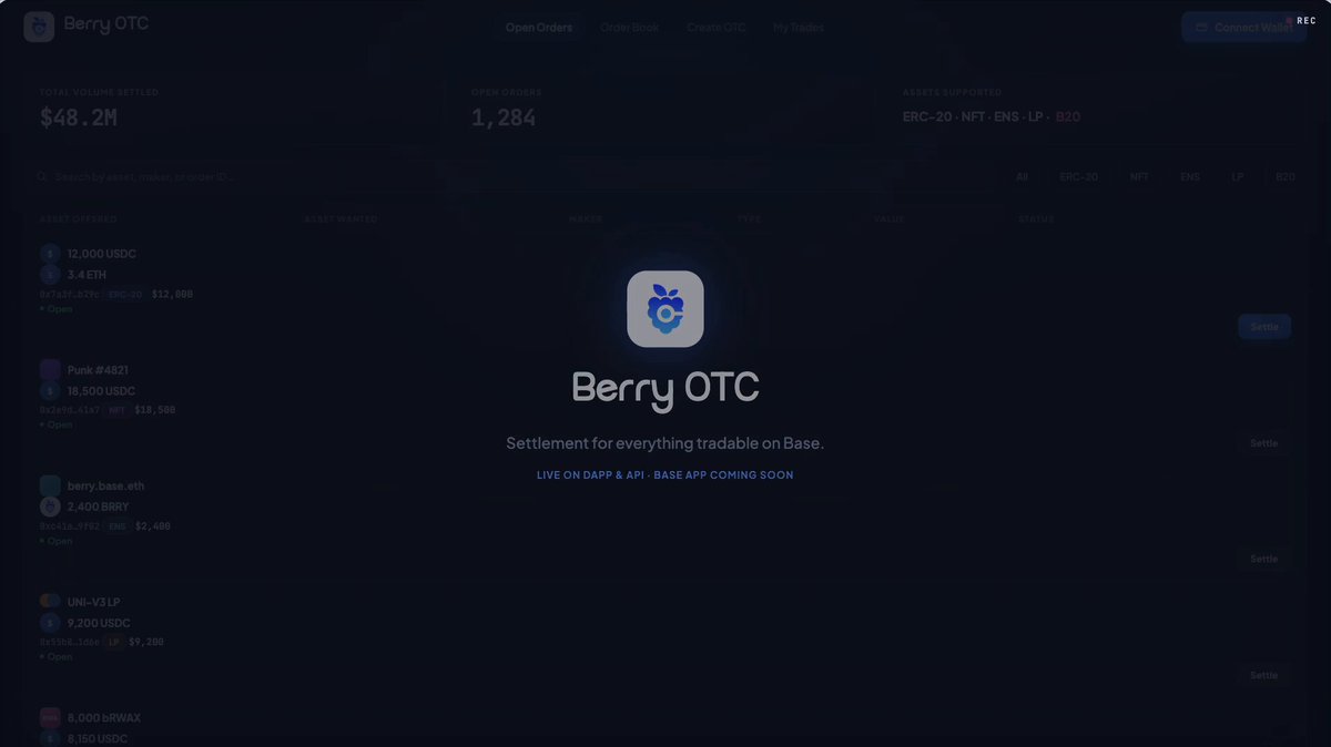 The image shows a screenshot of an online trading platform, specifically Berry OTC (Open Trading Platform), with a detailed explanation about its purpose. The focus of the image is on the screen showing the platform's interface where users can view available tokens for transactions. The background color of the image appears to be black or dark blue, which helps to highlight the content and make it easily readable. The caption provided below the screenshot reads: "First look at Berry OTC ahead of our release tommorow on the dapp." This indicates that users have access to a detailed look into the Berry OTC trading platform in preparation for its release next week.