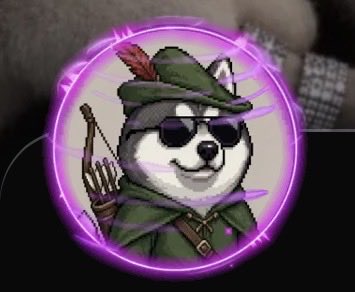 An illustration of a Shiba Inu dog wearing a green hunter's hat, sunglasses, and a vest, holding a bow and arrow inside a glowing purple circle.