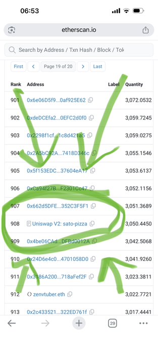 An Etherscan.io ranking list on a mobile browser shows wallet addresses ranked 901-913 by ETH holdings, with green hand-drawn arrows and a circle highlighting specific addresses including Uniswap V2: sato-pizza and zenvtuber.eth.