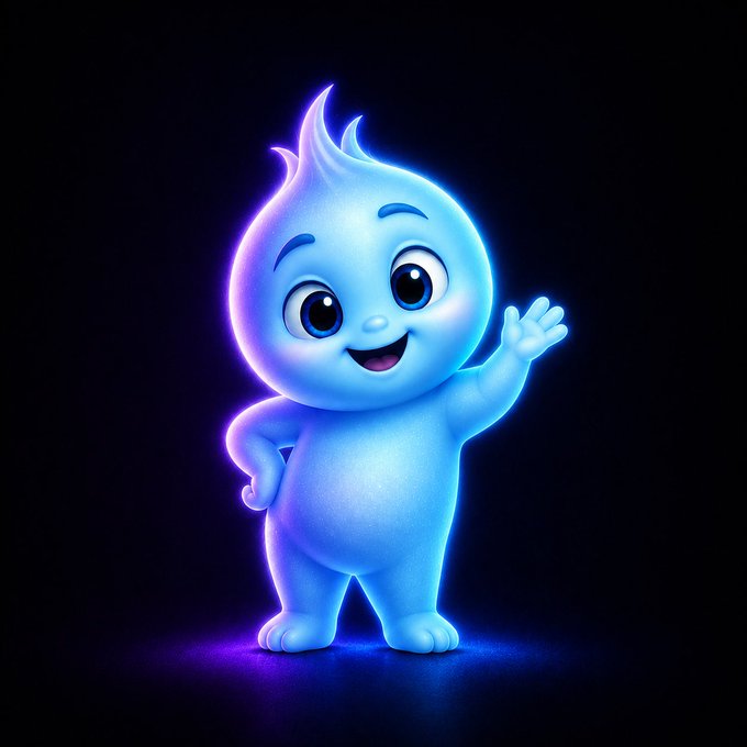 A 3D-rendered cartoon character, appearing as a light blue flame-like figure, waves cheerfully against a dark background illuminated by a purple and blue glow.