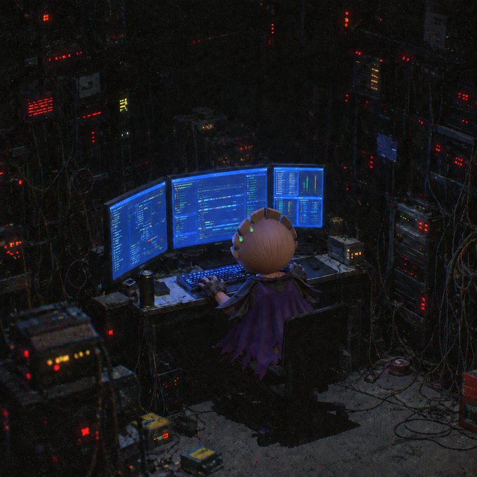 A lone hacker figure sits hunched over a triple-monitor setup displaying glowing blue code, surrounded by a dimly lit server room with tangled cables and blinking red LEDs—perfectly capturing the "gm LOCKED IN" sentiment of deep focus and grinding away at the screen.