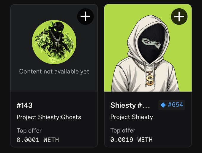 Two NFT listings shown as mobile cards: "#143 Project Shiesty:Ghosts" (Content not available yet, top offer 0.0001 WETH) and "Shiesty #654 Project Shiesty" (top offer 0.0019 WETH).