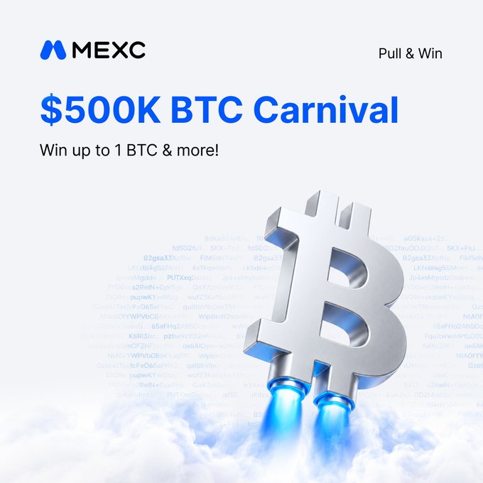 A promotional graphic for MEXC's "$500K BTC Carnival" event, featuring a 3D Bitcoin logo designed like a rocket blasting off through clouds, with text highlighting "Pull & Win" and the chance to "Win up to 1 BTC & more" to match the carnival/lever-themed trading giveaway.