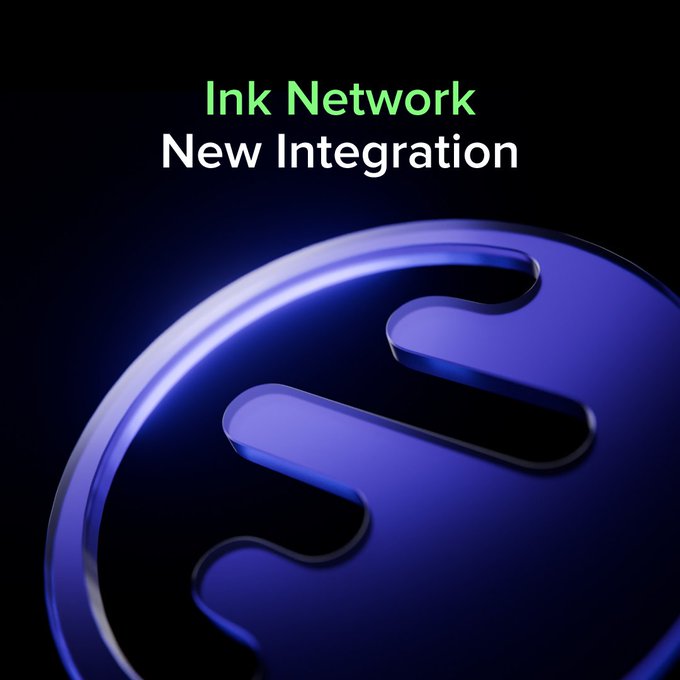 A glossy blue coin-like emblem features prominently against a dark background, with the text "Ink Network" displayed in green and "New Integration" in white at the top, visually announcing Uphold's new support for the Ink Network ecosystem and its $ETH and $USDC assets.