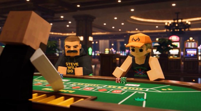 A low-poly 3D rendered scene depicts blocky characters at a casino gambling table, including one wearing a 'STEVE WILL DO' shirt and another in an orange cap, with slot machines visible in the background.
