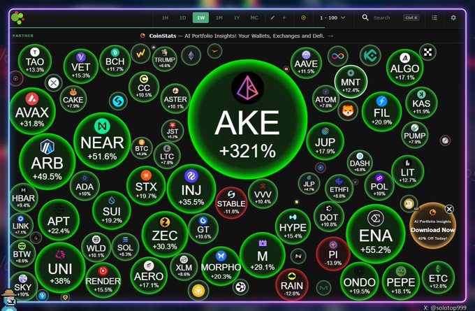 A CoinStats cryptocurrency portfolio dashboard displaying various coins with their percentage gains, prominently featuring AKE +321%, ENA +55.2%, NEAR +51.6%, and ARB +49.5% in green bubbles.