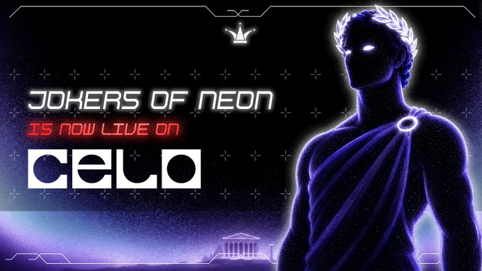A promotional banner with neon-style text reading 'JOKERS OF NEON IS NOW LIVE ON CELO', featuring a silhouetted glowing figure with a laurel wreath.