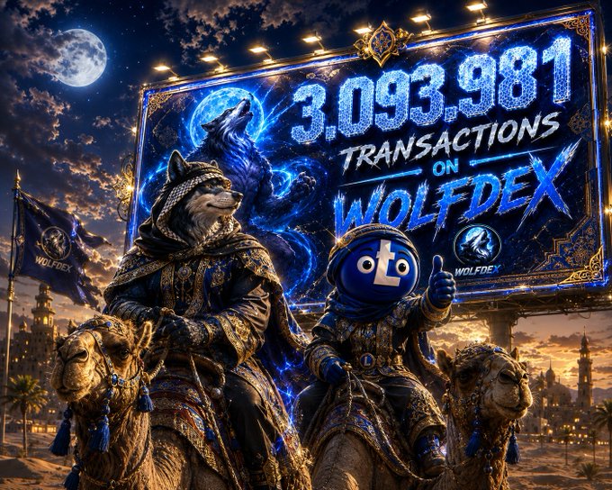 An elaborate fantasy-style promotional image celebrating "3,093,981 TRANSACTIONS ON WOLFDEX," featuring ornately dressed animal characters on horseback at night.