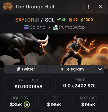A screenshot of a token tracker page for "The Orange Bull" ($SAYLOR) on Solana via PumpSwap, showing a price of $0.0001958, 0.0₅2402 SOL, liquidity of $35K, and FDV/MKT CAP of $195K. The image relates to the post by promoting $SAYLOR as a memecoin pick alongside $ANSEM and offering to airdrop tokens to those with empty wallets.