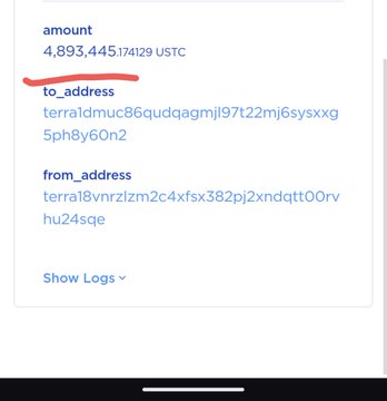 A screenshot of a blockchain transaction showing an amount of 4,893.445174129 USTC transferred, with 'to_address' (terraldmuc86qudaqgmjl97t22mj6syxsxg5ph8y60n2) and 'from_address' fields visible.