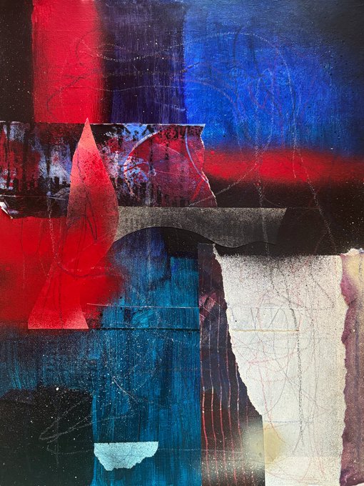 The image features a large abstract painting with various colors, including red, blue, black, white, and gray. The artwork appears to be a collage of different elements, possibly made from paper or fabric scraps. The painting is displayed on a canvas that has been exposed at an exhibition in Italy. The artist's name is not visible but the post identifies it as "Unresolved sanctuary 1/1 - @objktcom 600 tez Acrylics and collage on Fabriano special paper".