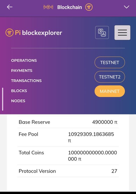 Screenshot showing the Pi blockchain explorer on the Pi Network app, displaying mainnet statistics including a Base Reserve of 4,900,000 π, Fee Pool of 1,092,930.1863685 π, Total Coins of 100,000,000,000.0000000 π, and Protocol Version 27 — confirming the mainnet V27 upgrade referenced in the post.