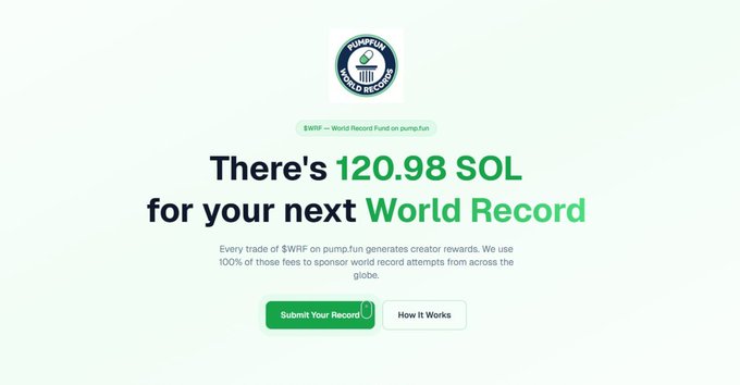A promotional graphic from pump.fun showing a Guinness World Records badge with text reading 'There's 120.98 SOL for your next World Record' and 'Submit Your Record' / 'How It Works' buttons.