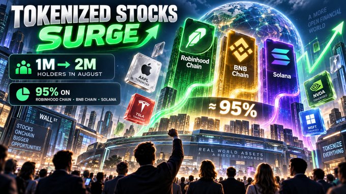 A 'Tokenized Stocks Surge' promotional graphic highlighting 1M to 2M holder growth in August and 95% concentration on Robinhood Chain, BNB Chain, and Solana, with floating tokens for AAPL, TSLA, NVDA, and MSFT.