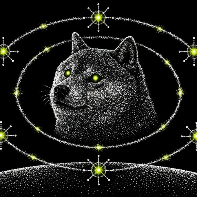 A digital artwork depicting a Shiba Inu dog's head made of white dots with glowing green eyes, surrounded by a mystical pattern of stars and celestial symbols on black.