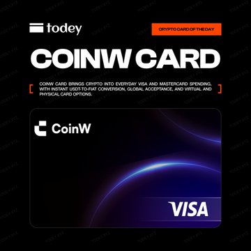 An advertisement graphic promotes the 'COINW CARD' by 'fodey' in partnership with CoinW and VISA, highlighting that it brings crypto into everyday Visa and Mastercard spending.