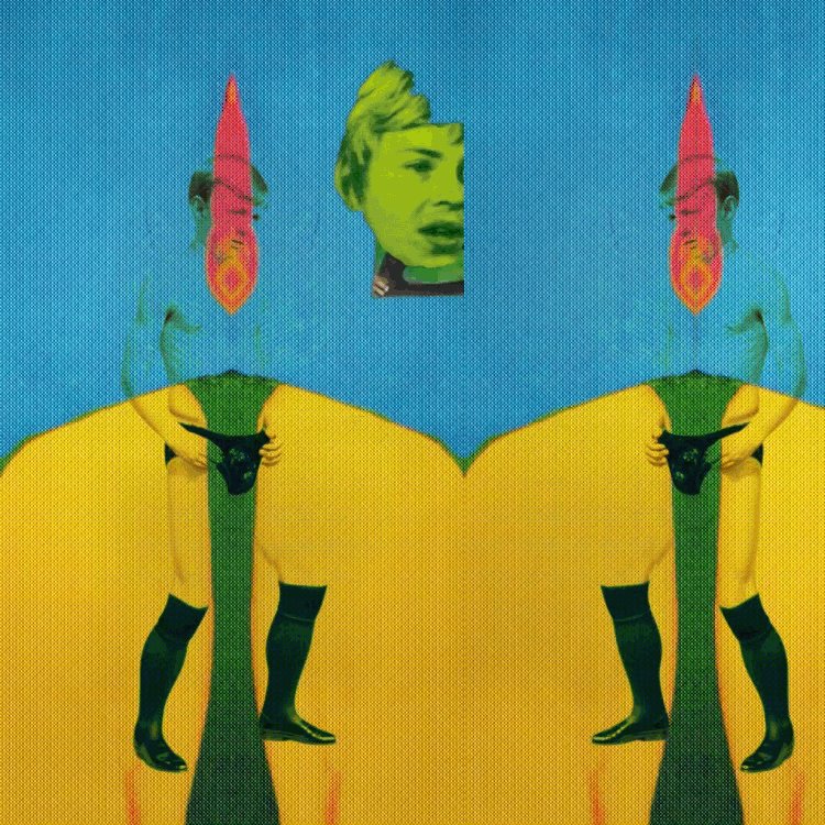 The image features two people standing next to each other, with one person wearing a green shirt and black pants while the other has a red hat on their head. The background of the image is blue with white dots, giving it an artistic and abstract appearance. The caption "Objkt 1 TEZ" suggests that this might be a reference to a specific artist or art style.