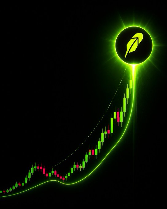 A neon green stock chart on a black background showing an upward-trending candlestick pattern, with a glowing circular rocket logo at the peak of the curve.