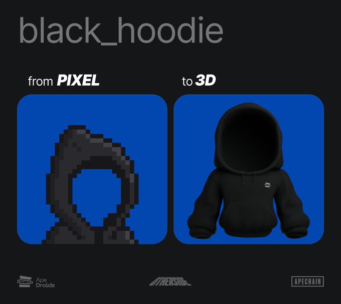 The image shows a black hoodie with a graphic design, which has been transformed into a 3D rendering. The hoodie is displayed against a blue background, highlighting its digital transformation. The caption below the image reads "from PIXEL to 3D trait 4: support the speed of releasing 3ds in the @OthersideMeta hoodie gang here?". This implies that the image is promoting the idea of embracing new technology and the benefits it brings to the fashion industry.