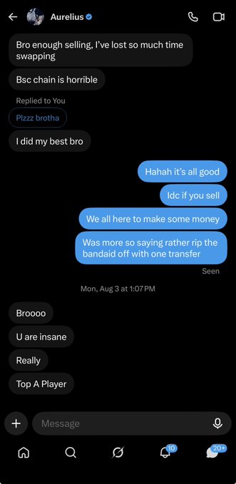 A screenshot of a Twitter/X DM conversation between "Aurelius" and the user, where Aurelius mentions wasting time swapping, calls the Bsc chain horrible, and claims "I did my best bro," while the user responds "Hahah it's all good," explains he cares more about making money than doing one big transfer, and finally calls Aurelius a "Top A Player" despite frustration.