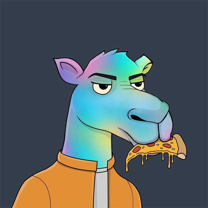 𝕏rz is a character from the game 𝕌𝕚𝕖𝕗𝕡𝕟, which features a cartoon-like style of art. The character has a blue head with a rainbow-colored mane and tail, giving it a unique and colorful appearance. In this image, we see 𝕏rz holding a slice of pizza in its mouth while standing against a dark background.