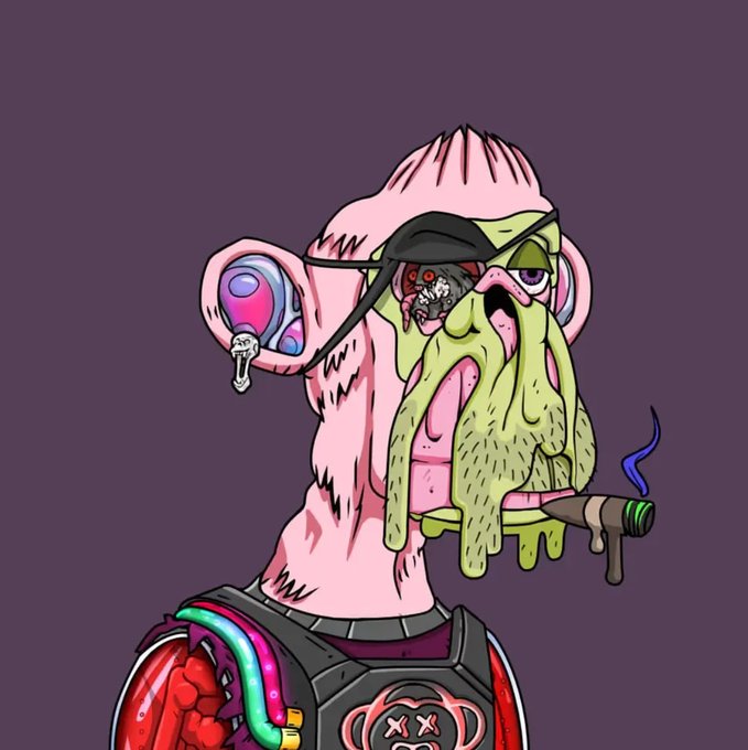 A stylized, surreal digital illustration of a pink-skinned character with green dripping facial features, an eye patch, and a glowing earring, smoking a cigar while wearing a colorful outfit.