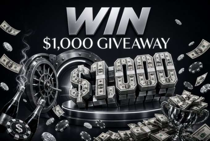 A promotional graphic reading 'WIN $1,000 GIVEAWAY' featuring stacks of dollar bills, a casino vault, a champagne bottle, and casino chips.