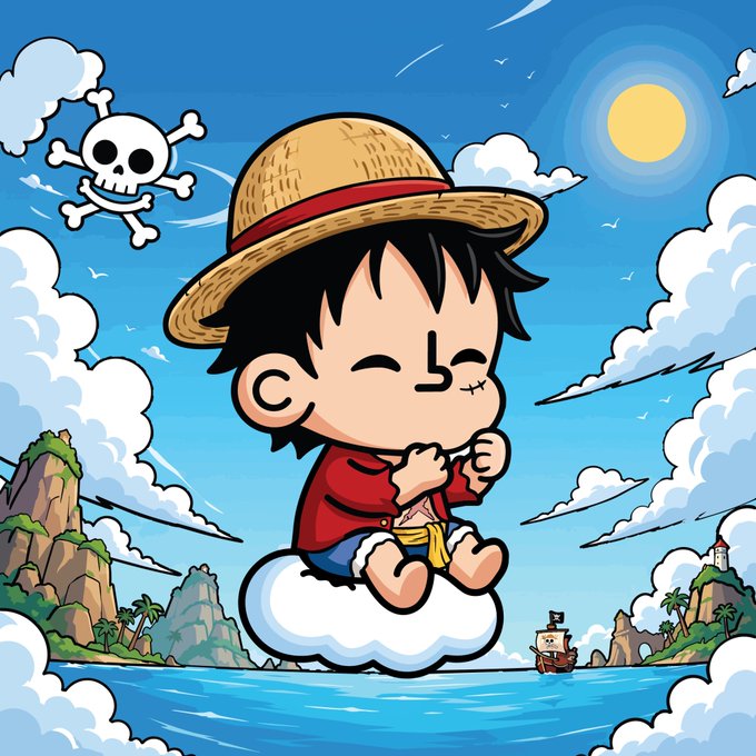 A chibi-style cartoon of Monkey D. Luffy from *One Piece*, wearing his signature straw hat and sitting on a fluffy cloud above a tropical seascape with a pirate ship, complements the post's playful "Let's TOTZ" mint announcement by evoking the adventurous, treasure-hunting spirit of the launch.