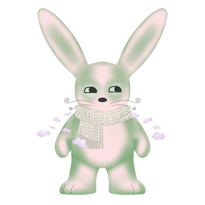 A digital illustration of a pale green and pink bunny character wearing a checkered scarf, with stylized whiskers and small pink clouds floating around it.
