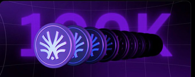 A row of purple coins with a logo receding into the distance against a purple background with '100K' displayed prominently.