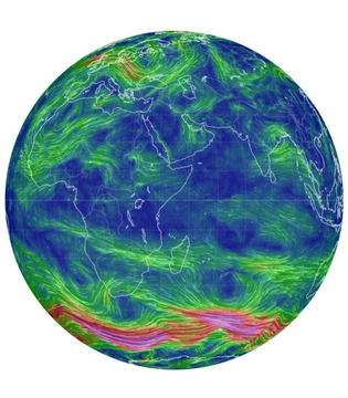 A globe-shaped visualization of Earth showing atmospheric wind patterns, with streaks of green, blue, and magenta indicating airflow across the planet.