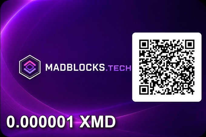 A purple promotional banner for MadBlocks.tech featuring its logo and QR code, highlighting an extremely low transaction amount of 0.000001 XMD (XPR Network's native token), illustrating the post's point about fee-less micro-transactions possible on the XPR Network.