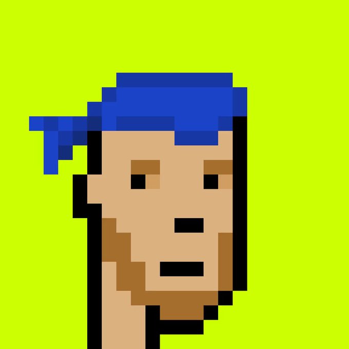 A pixel art portrait of a face with a blue cap or hair covering the top half, set against a bright green background.