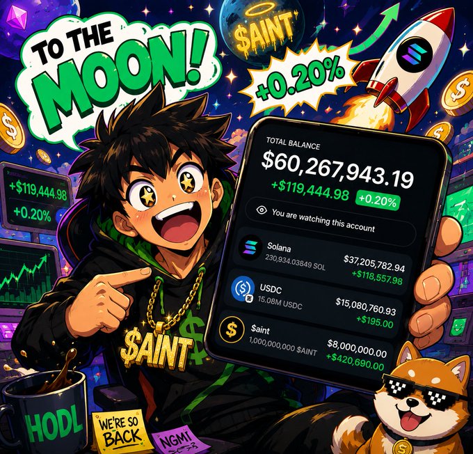 The post appears to be a crypto giveaway encouraging users to share their Solana ($SOL) addresses for a chance to win a prize (the "First 4000 active engagers" likely being the first 4,000 people to engage who will receive a token airdrop, possibly "$SAINT").

The image supports this by showing an excited anime-style character holding a phone displaying a crypto wallet with a $60,267,943.19 total balance, prominently featuring holdings in Solana ($SOL) at $37,205,782.94, USDC at $15,080,760.93, and "Saint" (likely $SAINT) at $8,000,000.00, alongside text like "TO THE MOON!", "+0.20%", "HODL", and "WE'RE SO BACK", and a Shiba Inu dog wearing pixel sunglasses—visually enticing viewers with the promise of massive crypto wealth to motivate engagement.